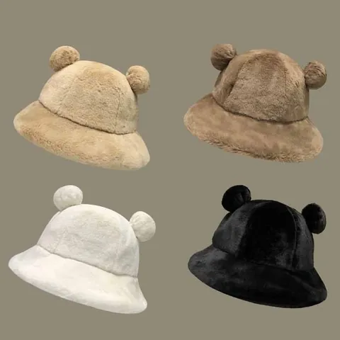 Cute Bear Ears Plush Bucket Hat For Women Winter Thick Warm Faux Fur Fisherman Hat Soft Fluffy Novelty Basin Hat Daily Casual Hat