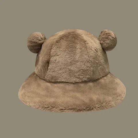 Cute Bear Ears Plush Bucket Hat For Women Winter Thick Warm Faux Fur Fisherman Hat Soft Fluffy Novelty Basin Hat Daily Casual Hat