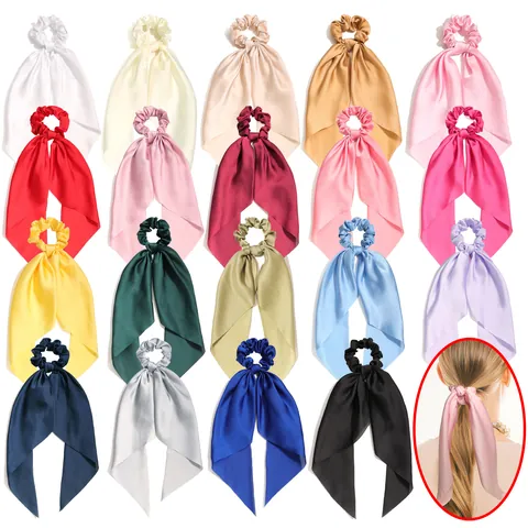 Women Satin Ribbon Hair Scrunchie Long Bow Hair Tie Scarf Elegant Minimalist Ponytail Holder Headwear Accessory For Girls Everyday