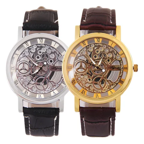 Skeleton Quartz Horloge Voor Heren Holle Wijzerplaat Romeinse Cijfers Gelegeerde Kast Kunstlederen Band Mode Polshorloge