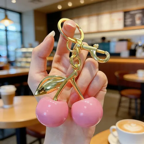 Exquisite Glitter Cherry Keychain Resin Fruit Bag Charm For Women Car Keyring Decoration Elegant Gold Silver Plated Leaf Gift