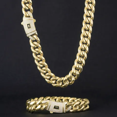 Stainless Steel Cuban Link Chain Necklace Bracelet Hip Hop Unisex Jewelry With Zirconia Spring Clasp Gold Silver Plated Necklaces
