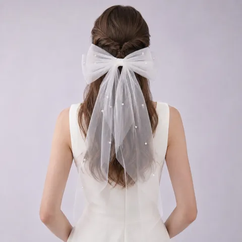 Voile de Mariée à Nœud en Maille Blanche Avec Künstliche Perles d'Imitation Long Ruban Barrette à Cheveux Pour Mariage Fiançailles Fête d'Anniversaire Coiffe