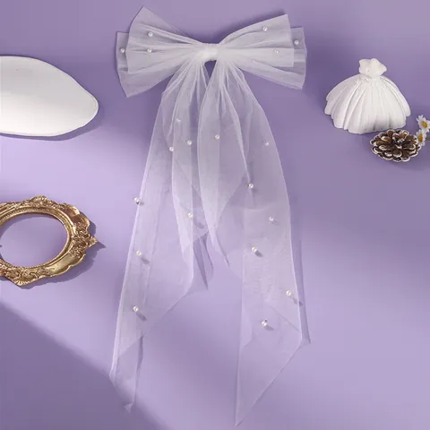 Voile de Mariée à Nœud en Maille Blanche Avec Künstliche Perles d'Imitation Long Ruban Barrette à Cheveux Pour Mariage Fiançailles Fête d'Anniversaire Coiffe
