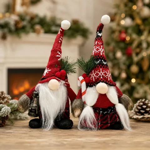 Nordischer Weihnachts Wichtel Plüsch Deko Strickmütze Schneeflocken Muster Gesichtlose Puppe Mit Lampe Zuckerstange Ornament