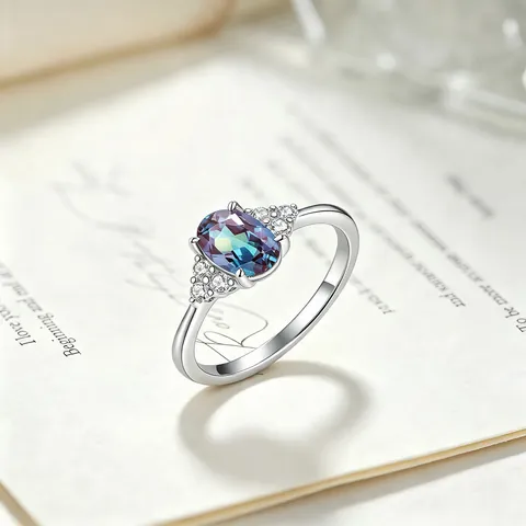 Elegante Anillo de Plata de Ley 925 con Alejandrita Gema Ovalada en Forma de Huevo Diamante de Imitación Chapado en Oro Blanco