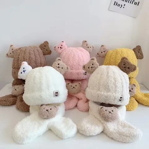 Winter Kinder Baby Muts en Sjaal Set Cartoon Berenoren Gebreid Fleece Gevoerd Verdikte Warm Beanie Peuter Jongens Meisjes Accessoires