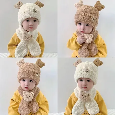 Winter Kinder Baby Muts en Sjaal Set Cartoon Berenoren Gebreid Fleece Gevoerd Verdikte Warm Beanie Peuter Jongens Meisjes Accessoires