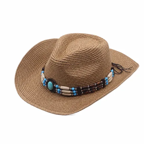 Damen Western-Cowboyhut Stroh Ethno-Stil Breite Krempe Sonnenschutz Strandhut Mit Türkisschmuck Verzierung