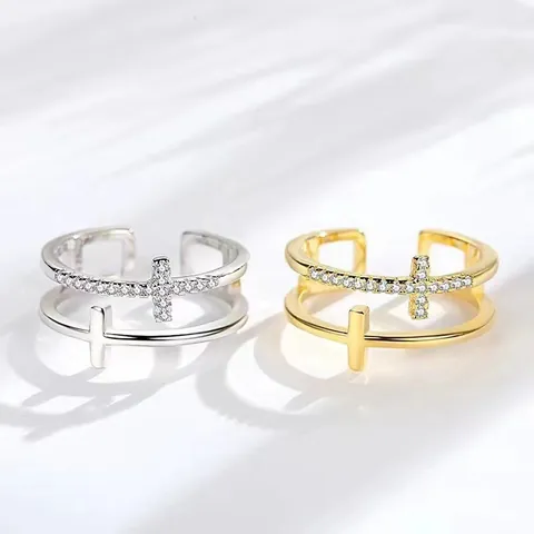 Mode Koperen Dubbel Kruis Strass Ring Voor Dames Sierlijke Open Verstelbare Ring Lichte Luxe Eenvoudige Geometrische Vinger Sieraden