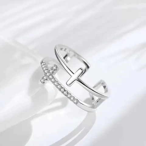 Mode Koperen Dubbel Kruis Strass Ring Voor Dames Sierlijke Open Verstelbare Ring Lichte Luxe Eenvoudige Geometrische Vinger Sieraden