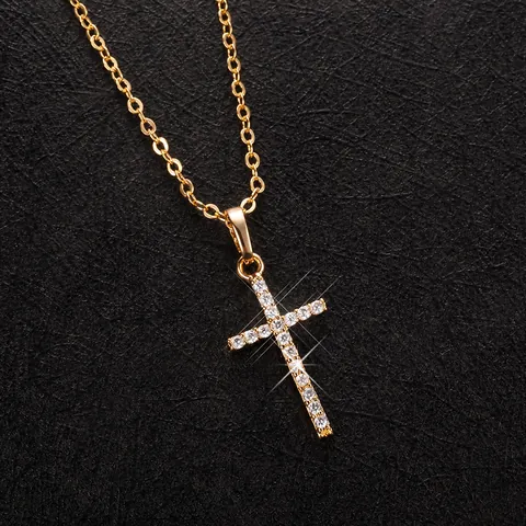 Collana con Pendente a Croce in Lega Hip Hop Punk per Uomo Donna Oro Argento con Strass Lucido Minimalista Gioielli Regalo