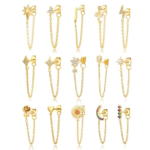 925 Sterling Silver Zirconia Stud Earrings Moon Star Flower Snake Long Tassel Chain Dangle Fashion Jewelry For Women