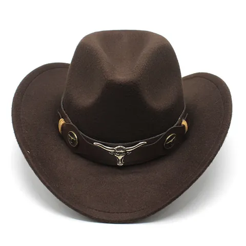 Sombrero Fedora Retro de Ala Ancha para Hombre Fieltro Poliéster Vaquero Occidental Cabeza de Toro Jazz Étnico