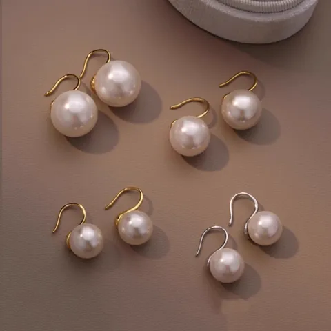Round Artificial Pearl Hook Earrings With 925 Sterling Silver Post Geometric Copper Minimalist Jewelry For Women