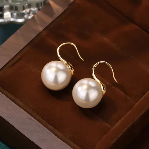 Round Artificial Pearl Hook Earrings With 925 Sterling Silver Post Geometric Copper Minimalist Jewelry For Women