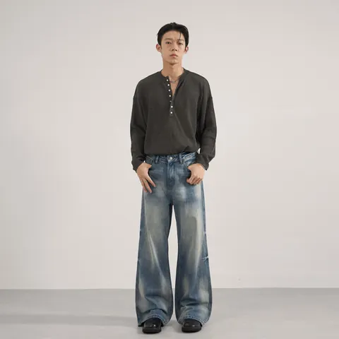 Men Cotton American Vibe Style Washed Distressed Straight Leg Jeans Loose Wide Leg Denim Pants Retro Blue Leisure Trousers