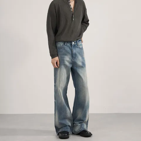 Men Cotton American Vibe Style Washed Distressed Straight Leg Jeans Loose Wide Leg Denim Pants Retro Blue Leisure Trousers