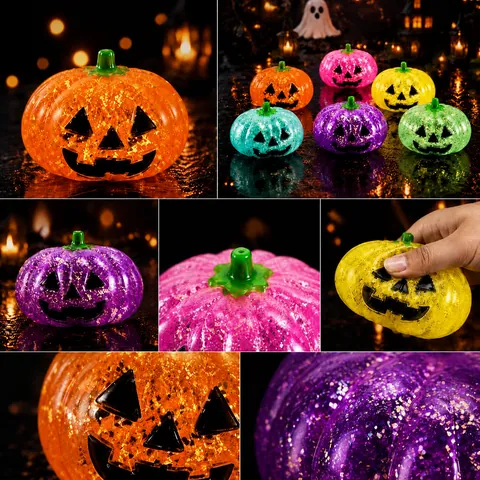Halloween Luminous Pumpkin Squishy Toy Glitter Stress Relief Squeeze Toy Micro Landscape Miniature Garden Car Interior Decoration Ornament
