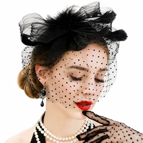 Vintage Feather Fascinator Headpiece With Polka Dot Mesh Veil And Gloves Set Elegant Wedding Party Bridal Hair Clip Hat Accessories