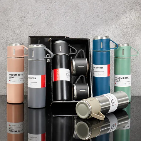 500ml Stainless Steel Vacuum Flask Set Business Insulated Thermal Bottle With 3 Lids Portable Water Cup Gift Box Set For Men Women