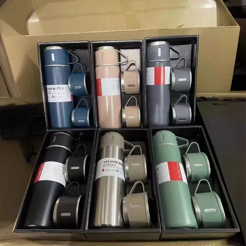 500ml Stainless Steel Vacuum Flask Set Business Insulated Thermal Bottle With 3 Lids Portable Water Cup Gift Box Set For Men Women