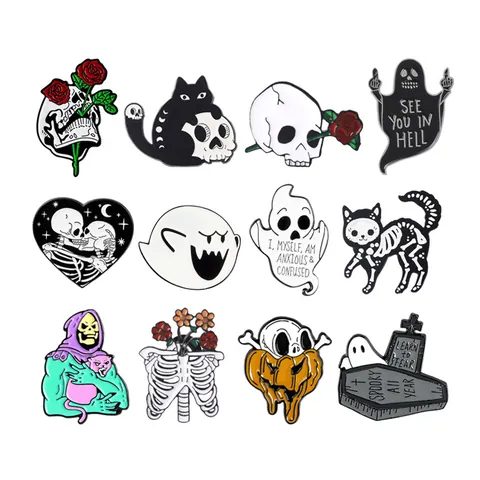 Spilla Halloween Gotica in Smalto Lega Drip Oil Teschio Fantasma Zucca Gatto Nero Gioielli Spettrali Accessorio per Vestiti Borsa