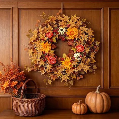 Autumn Harvest Wreath Front Door Decor Fall Maple Leaf Pumpkin Sunflower Rose Thanksgiving Halloween Floral Wreath Handmade Home Decoration