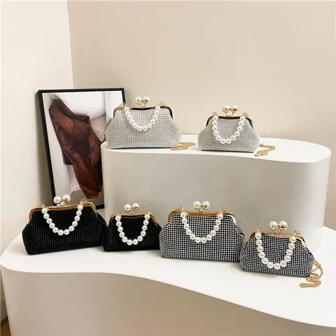 Luxury Rhinestone Shell Evening Bag For Women With Artificial Pearl Handle Elegant Pleated Clutch Purse Party Wedding Shoulder Crossbody Bag