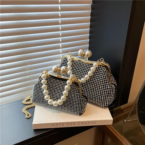 Luxury Rhinestone Shell Evening Bag For Women With Artificial Pearl Handle Elegant Pleated Clutch Purse Party Wedding Shoulder Crossbody Bag