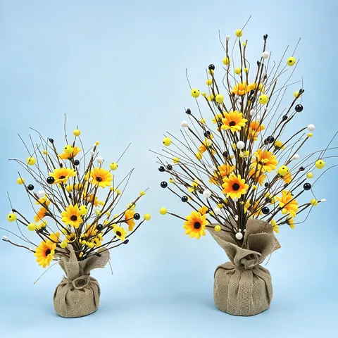 Décoration d'Arbre Étoilé à Baies de Marguerites Artificielles Base en Jute Rustique Plante en Pot Fleurs Jaunes Ornement de Bureau