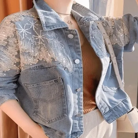 Women Sequin Rhinestone Denim Jacket Loose Casual Streetwear Washed Polyester Light Blue Autumn Fashion Button Up Top