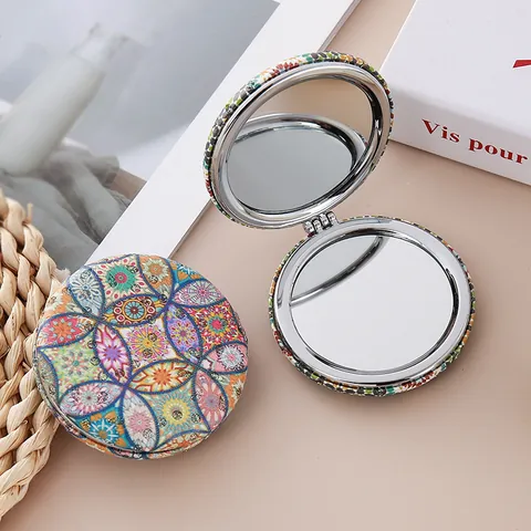 Vintage Round Foldable Pocket Makeup Mirror With Glitter Mandala Pattern Double Sided Compact Bread Mirror Portable Travel Hand Mirror