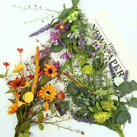 Ramo de Flores Artificiales Lavanda Margarita Eucalipto Plantas Falsas Mixtas Decoración del Hogar Boda Fiesta Flores Seda