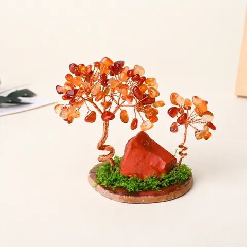 Natural Crystal Money Tree Ornament Agate Slice Base Handmade Copper Wire Healing Stone Desk Decoration Office Fortune Tree
