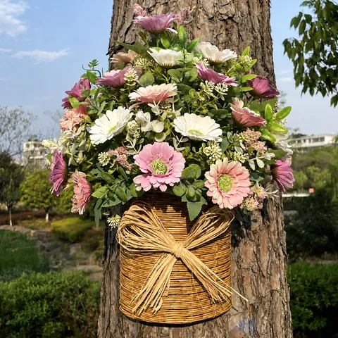 Artificial Flower Basket Wall Hanging Decor Satin Daisy Eucalyptus Woven Basket With Bowknot Pastoral Farmhouse Style