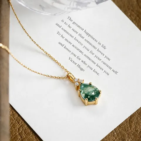 Elegante Collar de Plata de Ley 925 con Colgante de Ágata Musgosa Colgante de Gota de Ágata Verde Strass Joyería para Mujer