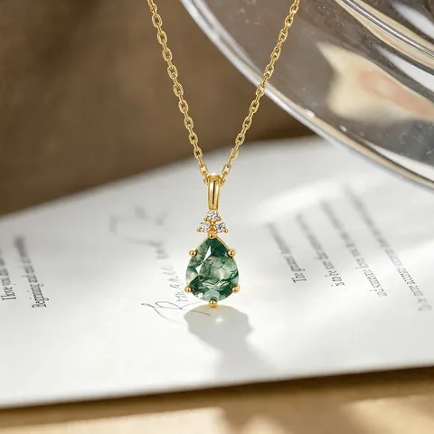 Elegante Collar de Plata de Ley 925 con Colgante de Ágata Musgosa Colgante de Gota de Ágata Verde Strass Joyería para Mujer