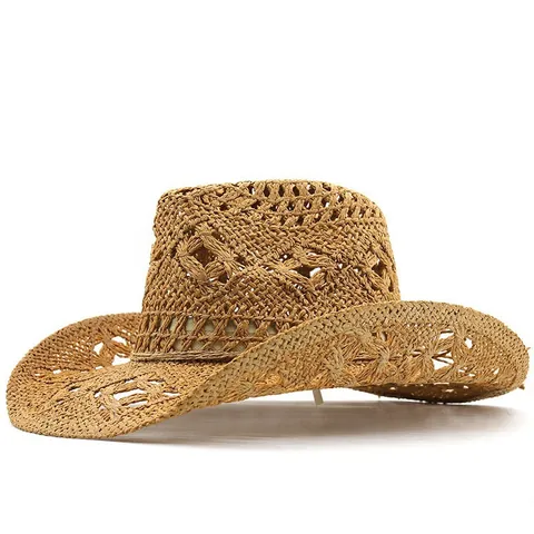 Handgewebter Papierstroh Cowboyhut Für Damen Herren Atmungsaktiver Hohl Fedora Sonnenhut Mit Rollrand Western Jazz Sommer Strandkappe