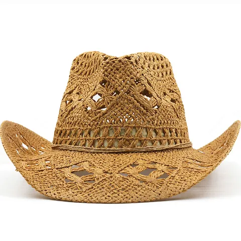 Handgewebter Papierstroh Cowboyhut Für Damen Herren Atmungsaktiver Hohl Fedora Sonnenhut Mit Rollrand Western Jazz Sommer Strandkappe