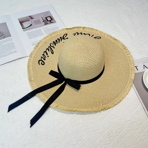 Women Summer Large Brim Straw Sun Hat With Hello Sunshine Embroidery And Bowknot Decoration For Beach Vacation Travel Hat