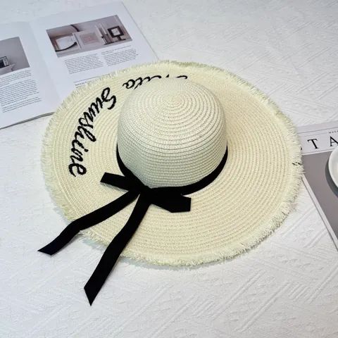 Women Summer Large Brim Straw Sun Hat With Hello Sunshine Embroidery And Bowknot Decoration For Beach Vacation Travel Hat