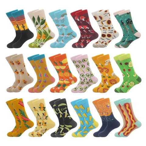 Cotton Blend Jacquard Crew Socks Cartoon Fruit Food Pattern Trendy Personality Mid-Calf Socks For Men Women Casual Art Socks