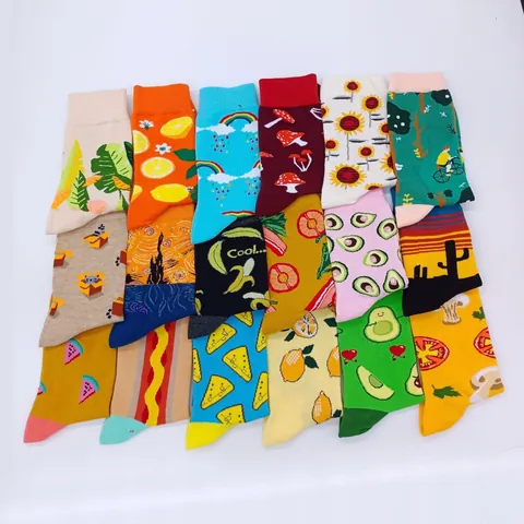 Cotton Blend Jacquard Crew Socks Cartoon Fruit Food Pattern Trendy Personality Mid-Calf Socks For Men Women Casual Art Socks