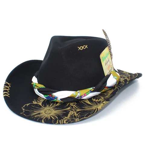 Western Cowboy Hat For Women Retro Wool Felt Fedora Hat With Floral Print Woven Band Feather Accent Wide Brim Jazz Hat