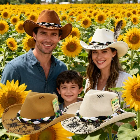 British Style Polyester Felt Western Cowboy Hat For Men Women Floral Print Brim Fedora Jazz Hat With Feather Decoration