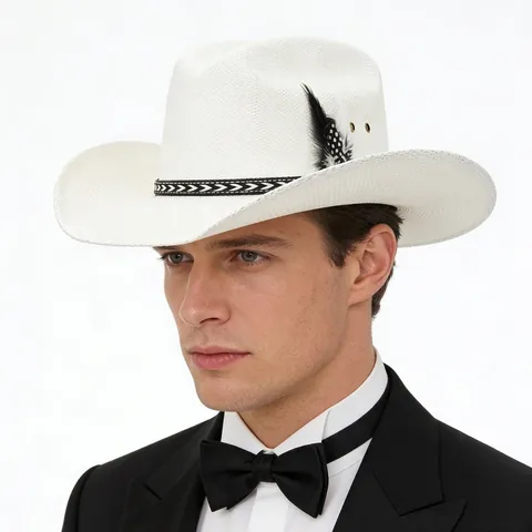 Retro Western Cowboyhut Mit Breiter Krempe Für Damen Herren Papierstroh Sonnenschutz Fedora Hut Mit Federdekoration Ethno Band