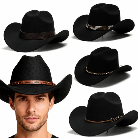 Western Cowboy Fedora Hat For Men Women Polyester Imitation Wool Felt Jazz Hat With Decorative Band Autumn Winter Wide Brim Hat