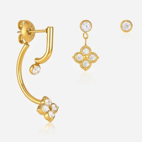 Juego de Pendientes de Acero Inoxidable con Trébol y Circonia para Mujer Chapado en Oro Pendientes de Botón Juego de Joyas de Moda