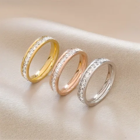Titanium Stainless Steel Rhinestone Ring For Women Men Minimalist Square Cut Crystal Eternity Band Fashion Jewelry Couple Ring